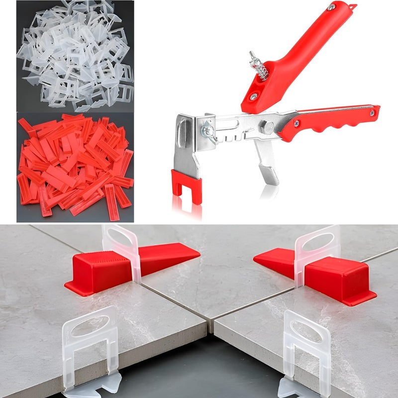 TEANTECH Tile Leveling System Kit, 600pcs Tile Leveler Spacers Clips+150pcs Reusable Wedges+1pc Tile Pliers for Wall/Floor Tile Adjustment, Leveling Tile System for Ceramic Tile(Red, 1/16”-1.5mm) - Image 1